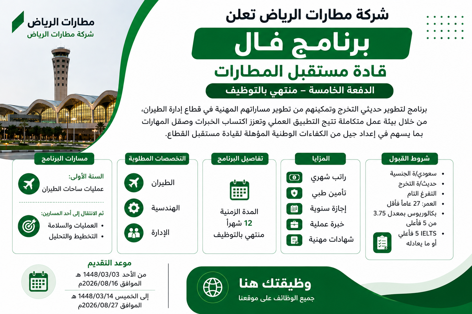 برنامج فال قادة مستقبل المطارات 2026 | وظيفتك هنا برنامج فال قادة مستقبل المطارات شركة مطارات الرياض المنتهي بالتوظيف 2026