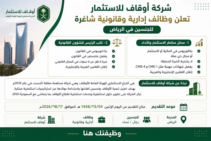 شركة أوقاف للاستثمار تعلن وظائف إدارية وقانونية شاغرة بالرياض وظائف شركة أوقاف للاستثمار الإدارية والقانونية في الرياض للجنسين 2026