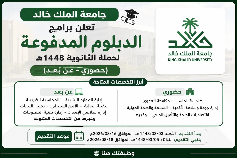جامعة الملك خالد تعلن برامج الدبلوم المدفوعة 1448هـ لحملة الثانوية | حضوري وعن بُعد king-khalid-university-paid-diploma-programs-1448.jpg